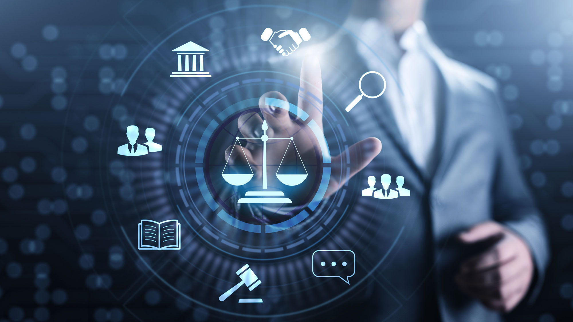 A lawyer with a digital wheel of options to protect employees
