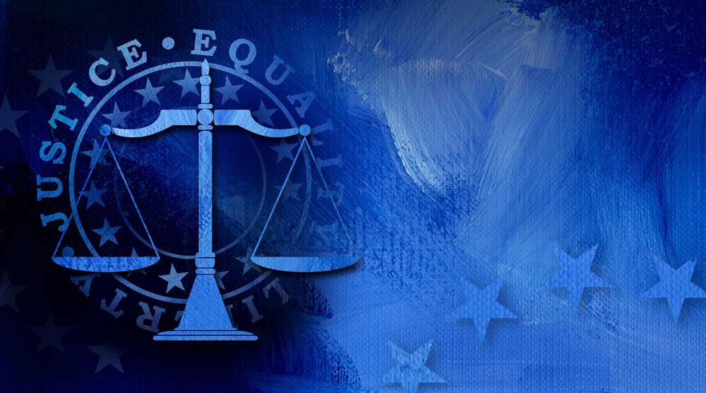 Scales of Justice graphic over oil paint blue background