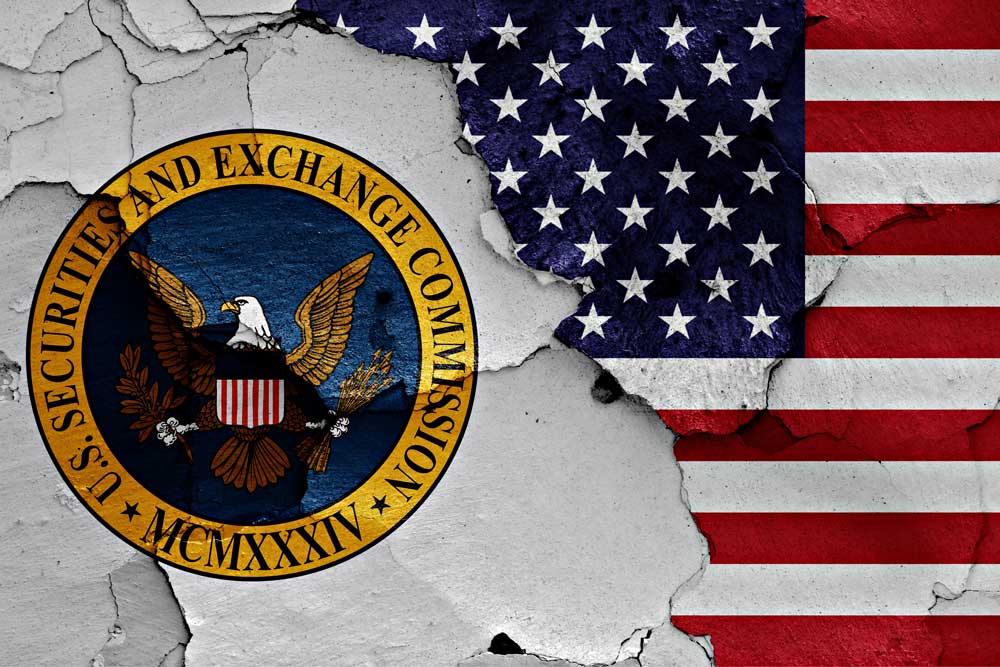 Decorative Image of the US Securities & Exchange Commission Logo against a busted wall and American Flag