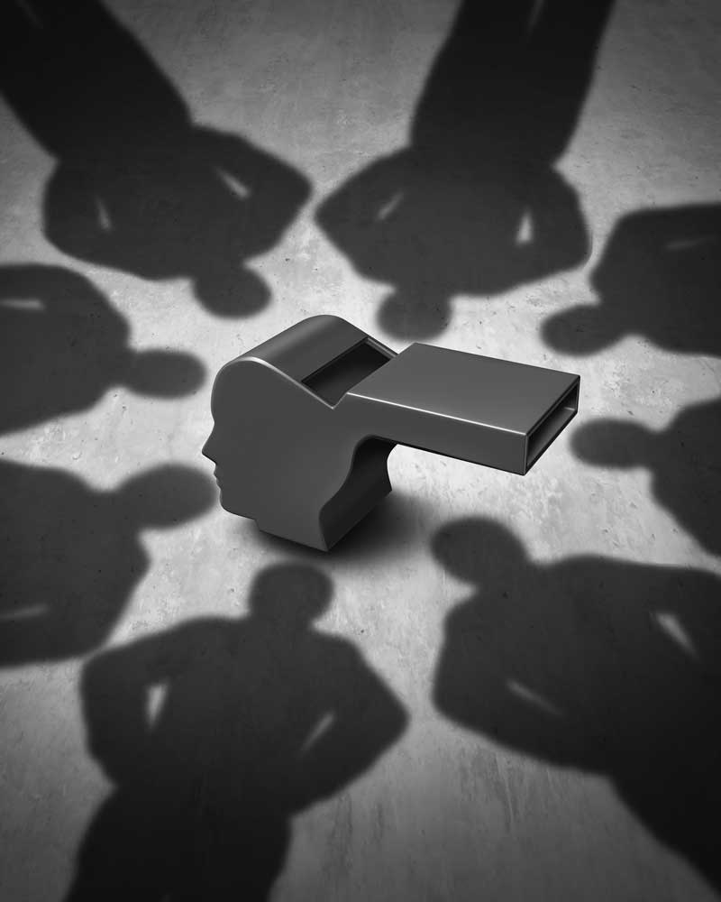 A whistle in the center of a circle, surrounded by eight silhouettes of people.