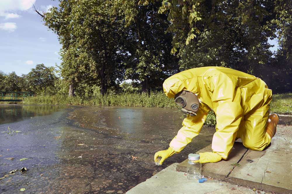 Worker collecting water contaminated samples from a pond wearing a hazmat suit